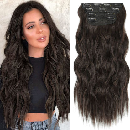 Picture of ALXNAN Clip in Long Wavy Synthetic Hair Extension 20 Inch Dark Brown 4PCS Thick Hairpieces Fiber Double Weft Hair for Women