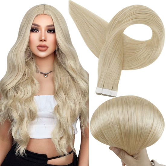 Picture of Full Shine Tape in Hair Extension 12 Inch Double Sided Hair Extension Tape in Color 613 Bleach Blonde Skin Weft Real Tape Hair Extensions Tape Human Hair Extensions Real Hair 30 Gram Seamless Tape Hair