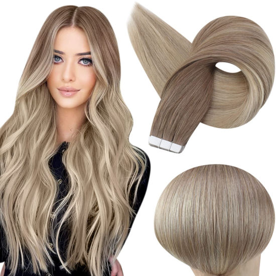 Picture of Full Shine Tape in Hair Extensions Human Hair 12 Inch Double Sided Tape Hair Balayage 8 Ash Brown to 18 Ash Blonde And 60 Platinum Blonde Tape in Real Hair Extensions Straight Hair 30 Gram 20pcs