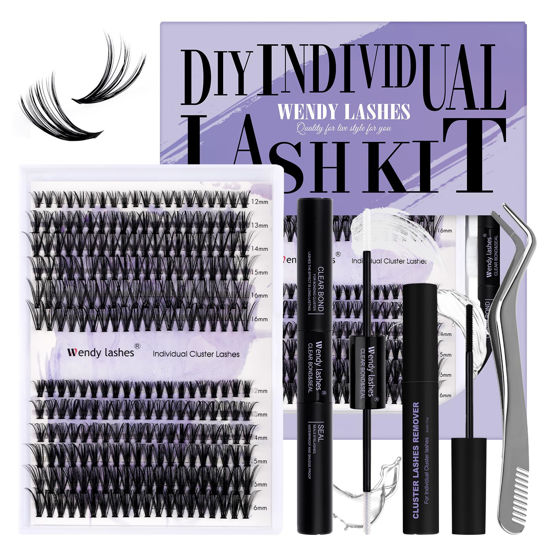 Picture of DIY lash Extension Kit Lash Cluster Kit with 240 PCS C/D Curl Cluster Eyelash Extensions 12-16mm Mixed,Individual Lashes Eyelash Clusters with Mascara Brush Lash Band and Seal Cluster Lash Applicator,Lash Remover Reusable Individual Lashes Kit Home 