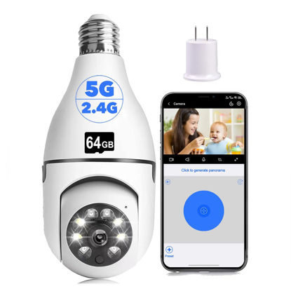 Picture of Light Bulb Security Camera,1080P Wireless Light Bulb Camera for Pet Camera, 360 ° PTZ Light Socket Camera with Motion Detection Auto Tracking (1Pack 5G&2.4G with 64G SD Card)