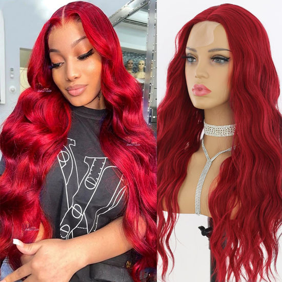 Picture of ANDRIA Red Wig Natural Wavy Wigs Synthetic Long Red Curly Wig for Kids Heat Resistant Fiber Middle Part Wig Dark Red Loose Wave Wigs for Women Bright Red Glueless Wig Colorful Daily Party Birthday Wig