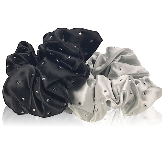 Picture of Celestial Silk Crystal Scrunchies Mulberry Silk Scrunchies for Hair (Large, Crystal: Black & Silver)