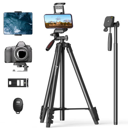 Picture of KINGJUE 71'' Camera Phone Tripod & Selfie Stick Compatible with Canon Nikon DSLR All Cell Phones with Universal Tablet Phone Holder Remote Shutter Bubble Level and Carry Bag Max Load 6.6LB