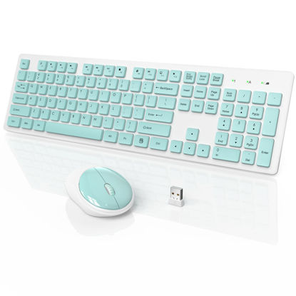 Picture of Wireless Keyboard and Mouse, WisFox Full-Size Wireless Mouse and Keyboard Combo, 2.4GHz Silent USB Wireless Keyboard Mouse Combo for PC Desktops Computer, Laptops, Windows (Mint Green and White)