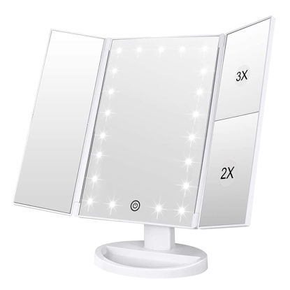 Picture of WEILY Makeup Mirror with 21 LED Lights,Two Power Supply, Touch Screen and 1x/2x/3x Magnification Tri-Fold Vanity Mirror, Gift for Women(White)