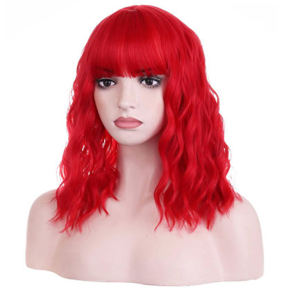 Picture of BERON 14 Inches Bright Red Wig Short Curly Wig Women Girl's Synthetic Wig Red Wig with Bangs Wig Cap Included