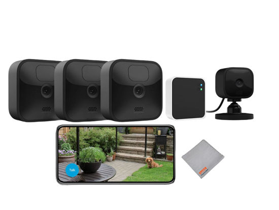 Picture of Wireless Battery Powered Outdoor 3 Camera Bundle | Wireless Water Resistant Motion Detection HD Security Cameras | Includes 3 Cameras + Sync Module + Playhardest Cleaning Cloth (with Black Mini)