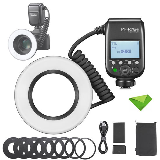 Picture of Godox MF-R76S TTL Macro Ring Flash 76Ws HSS 2.4G Wireless GN14 CCT 5900K 550 Full-Power Flashes, 0.1-1s Recycle Time Dual-Flash Tubes Speedlight for Sony Cameras for Animal, Plant Photography, etc