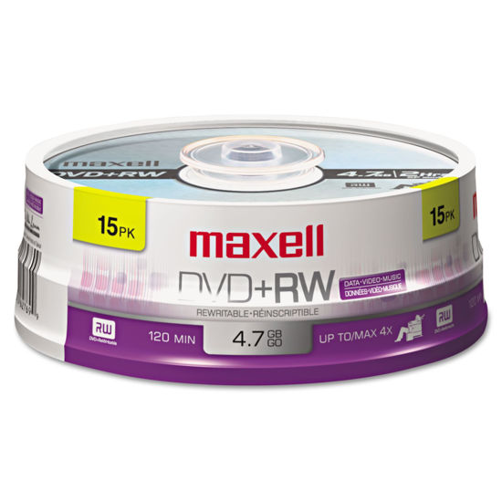 Picture of Maxell 634046 DVD+Rw Discs, 4.7Gb, 4X, Spindle, Silver, 15/Pack