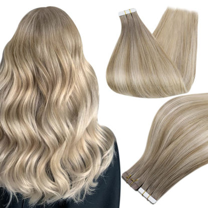 Picture of Full Shine 12 Inch Tape in Hair Extensions Color 19 Grey Fading to 8 Ash Brown And 60 Blonde Tape in Hair Extensions Human Hair 30 Gram Hair Extensions Real Human Hair for Women 20 Pieces