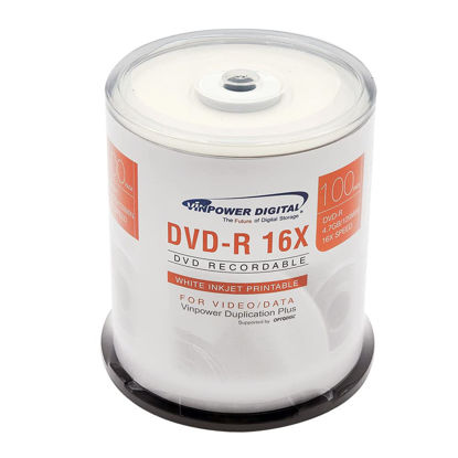 Picture of Vinpower Digital DVD-R 4.7GB 16x White Inkjet Printable Hub Recordable Media - 100 Disc Cake Box Spindle