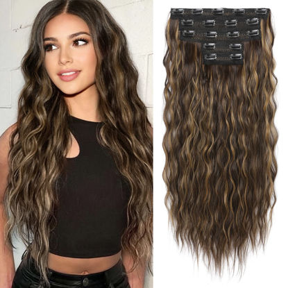 Picture of Clip in Hair Extensions, REECHO 5PCS Brown Hair Extensions 24" Thick Long Loose Waves hair extensions Invisible Lace Weft Natural Soft Hairpieces for Women - Dark Brown with Highlights