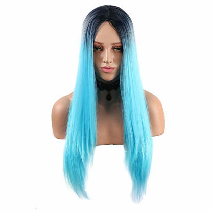 Picture of Fani Wigs Ombre Blue Wig Halloween Costume Wigs Long Straight Middle Part Dark Roots Synthetic Cosplay Wigs for Women