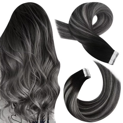 Picture of Moresoo Tape in Extensions Real Hair Extensions 12 Inch Balayage Tape in Hair Extensions 20pcs #1B Off Black Fading to Silver Mixed with Black Seamless Skin Weft Human Hair Tape ins 30g