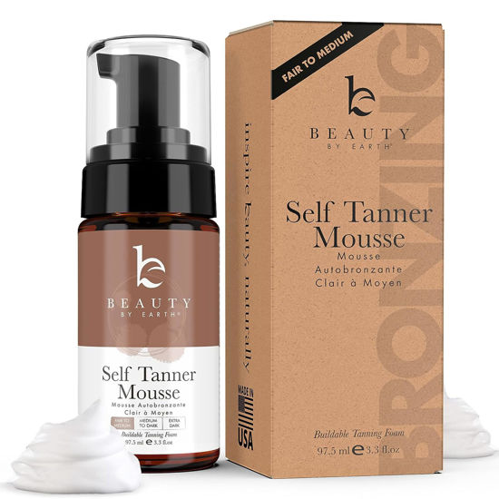 Picture of Beauty by Earth Self Tanner Mousse - Fair to Medium Gradual Self Tanner Foam, Sunless Tanner, Natural Self Tanner Mousse, Self Tanning Mousse Light, Vegan Tanning Mousse