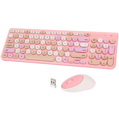 Picture of Wireless Keyboard and Mouse Combo, Retro Typewriter Wireless Keyboard with Round Keycaps, 2.4GHz Full-Size USB Cute Wireless Keyboard Mouse for Computer, Desktop, Laptop and Computer (Pink-Colorful)