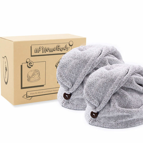 Picture of myHomeBody Hair Towel Wrap | Luxury Rapid-Dry Hair-Drying Turban | Ultra Soft and Quick Drying Absorbent Charcoal Fiber, with Coconut Shell Button - 2 Pack