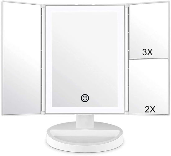 Picture of WEILY Makeup Vanity Mirror with LED Lighting and Touch Screen, Tri-Fold 1x 2X 3X Magnification,180° Adjustable Rotation,Battery and USB Powered,Countertop Cosmetic Mirror (White)