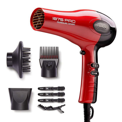 Picture of KISS 1875 Watt Pro Tourmaline Ceramic Hair Dryer, 3 Heat Settings, 2 Speed Slide Switch, Cool Shot Button, 2 Detangler Combs, 1 Concentrator, 1 Diffuser, Removable Filter Cap & 4 Sectioning Clips