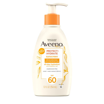 Picture of Aveeno Protect + Hydrate Moisturizing Body Sunscreen Lotion with Broad Spectrum SPF 60 & Prebiotic Oat, Weightless, Paraben-Free, Oil-Free & Oxybenzone-Free, Pump Bottle, 12.0 fl. oz