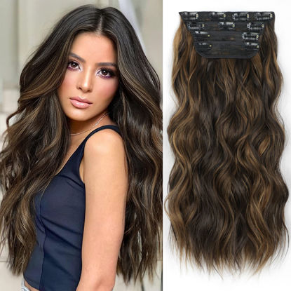 Picture of ALXNAN Clip in Long Wavy Synthetic Hair Extension 20 Inch Balayage Dark Brown to Chestnut 4PCS Thick Hairpieces Fiber Double Weft Hair for Women