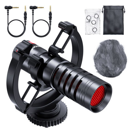 Picture of SOOMFON Video Microphone Camera Microphone with Shock Mount Windshield 3.5mm TRS and TRRS Connectors Compatible with DSLR, Cameras, Smartphone, Cardioid Directional Battery-Free Shotgun Mic