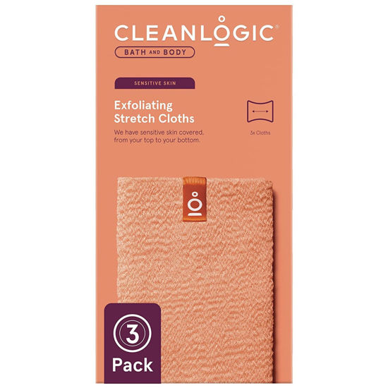 Picture of Cleanlogic Body Exfoliating Cloth, Stretchy Exfoliator Bath and Shower Washcloths for Sensitive Skin, Reusable Daily Skincare Tool, Assorted Colors, 3 Count Value Pack