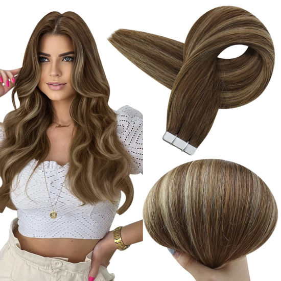 Picture of Full Shine Highlight Tape in Human Hair Extensions 12 Inch Color 4 Medium Brown Fading to 24 Honey Blonde Highlight 4 Tape in Remy Human Hair Skin Weft Human Hair Glue in Hair Extensions 30 Gram