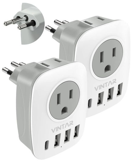 Picture of [2-Pack] Brazil Adapter Plug,VINTAR Type N Plug Adapter with 1 USB C,3 USB Ports and 2 American Outlets,6 in 1 Brazil Power Adapter for US to Brazil