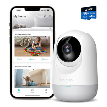 Picture of BOTSLAB Smart Pan Tilt Camera + 64G Micro SD Card, 2K WiFi Indoor Home Security Dome Camera with Human and Motion Detection, Night Vision Baby Monitor, Compatible with Alexa