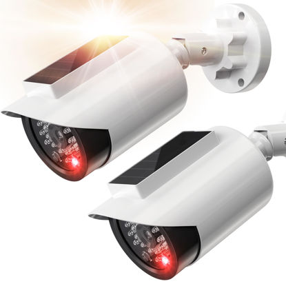 Picture of BNT Solar Powered Fake Security Camera, Bullet Shape Fake Surveillance Camera with Red LED Light for Night, Security Warning Sticker, for Outdoor Safety Alert (White 2Pack)