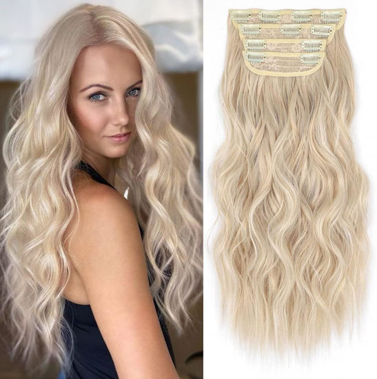 Picture of Clip in Long Wavy Synthetic Hair Extension 20 Inch 4PCS Ash Brown Mixed Light Blonde Hairpieces Fiber Thick Double Weft Hair Extension for Women(4pcs, 20Inch, Ash Brown Mixed Light Blonde)