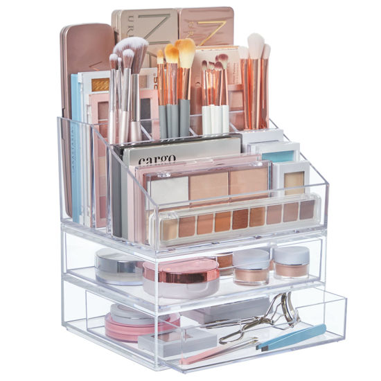 Picture of STORi Chloe Stackable Clear Makeup Holder and Double Organizer Drawer Set | Organize Cosmetics and Beauty Supplies | Made in USA