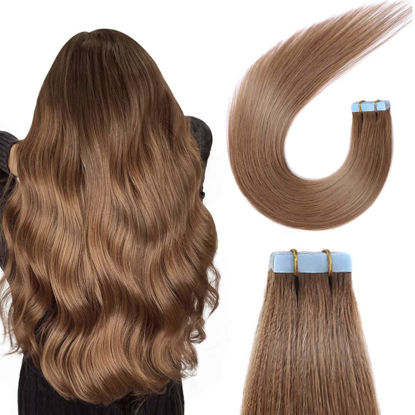 Picture of SUYYA Tape in Hair Extensions Chestnut Brown 100% Real Human Hair 12inches 20pcs 40g/pack Straight Seamless Skin Weft Tape Hair Extensions(12 inches #6 Medium Brown)