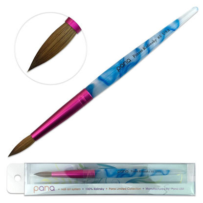 Picture of PANA USA Acrylic Nail Brush Pure Kolinsky Hair Acrylic White Swirl Blue Handle with Pink Ferrule Round Shaped - Size 8