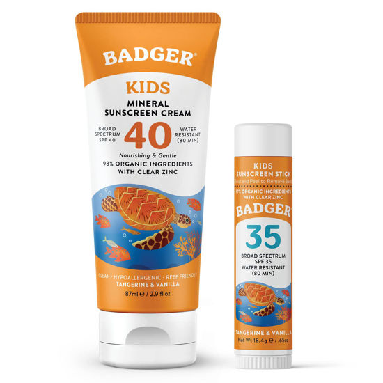 Picture of Badger Kids Mineral Sunscreen Combo, SPF 40 Cream and SPF 35 Face Stick, Reef Safe Broad Spectrum Water Resistant with Zinc Oxide, Tangerine and Vanilla