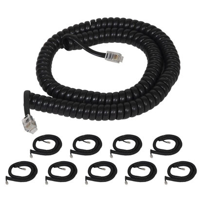 Picture of Cablesys Coiled Telephone Handset Cord for Use with PBX Phone Systems, VoIP Telephones - 12 Ft Uncoiled, Rj22, 1.5 Inch Lead on Both Ends, Glossy Black, 10-Pack