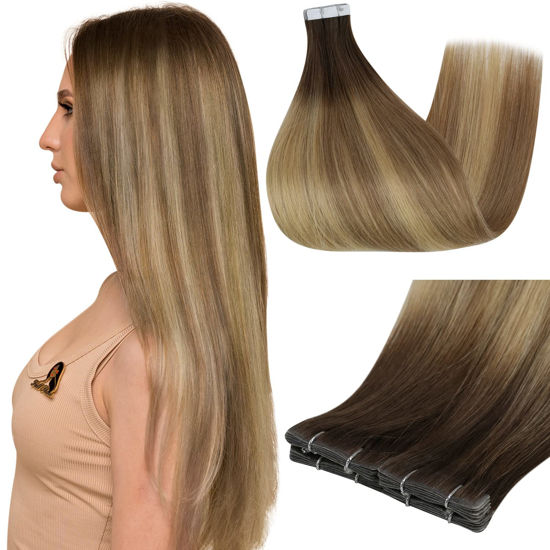 Picture of Full Shine Virgin Injection Tape in Hair Color 3 Brown Fading to 8 Ash Brown And 22 Blonde 14 Inch Seamless Tape in Hair 5 Pcs Tape in Human Hair 10 Gram