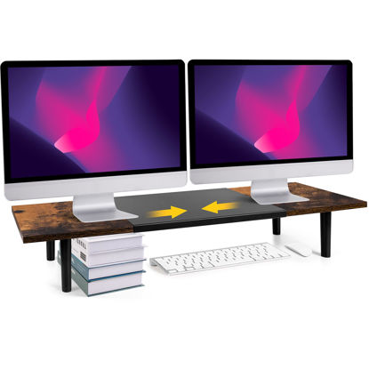 Picture of Across-Star Dual-Monitor-Stand-Riser-For-Desk Adjustable Length 32-40 Inch, Large Desktop Computer Monitor Riser For 2 Screens, Desk Shelf Organizer Riser For Laptop/PC/Printer/TV Brown