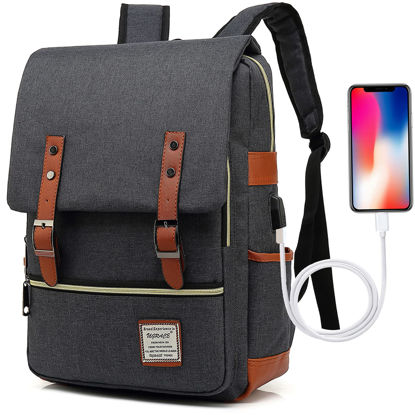 Picture of UGRACE Vintage Laptop Backpack with USB Charging Port, Elegant Water Resistant Travelling Backpack Casual Daypacks College Shoulder Bag for Men Women, Fits up to 15.6Inch Laptop in Black