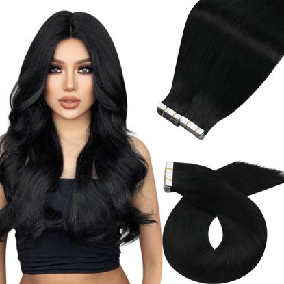 Picture of Moresoo Tape in Hair Extensions Black Human Hair Tape in Extensions Jet Black Tape in Human Hair Extensions Glue in Real Hair Extensions Tape in Straight Hair 10 Inch #1 40pcs 60g