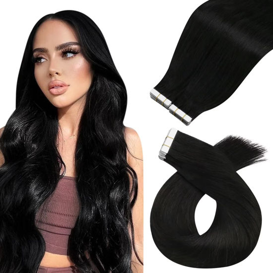 Picture of Moresoo Tape in Hair Extensions Natural Black Hair Extensions Human Hair Tape in Black Tape in Extensions Real Human Hair Seamless Hair Extensions Tape in Remy Hair 10 Inch #1B 40pcs 60g