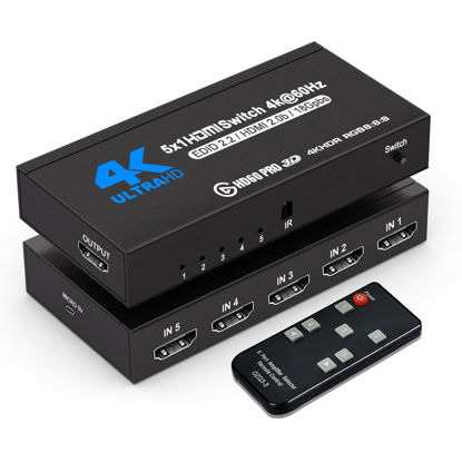 Picture of HDMI Switch with Remote 5 Port 4K 60Hz, NerdEthos 5 in 1 Out HDMI Switcher Hub Selector Box Supports Ultra HD Dolby Vision, High Speed (Max to 18.5Gbps), HDR10, HDMI 2.0 HDCP 2.2 & 3D