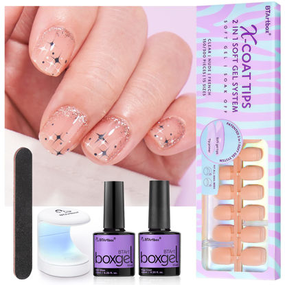 Picture of Soft Gel Nail Tips and Glue Gel Kit - BTArtbox Soft Gel Nail Kit, 2 in 1 X-coat Tips with Tip Primer Base, 150pcs Extra Short Square Nails Fake Nails with Gel Nail Glue Top Coat Nail Extension Kit, Nude