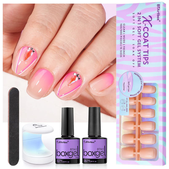 Picture of Soft Gel Nail Tips and Glue Gel Kit - BTArtbox Gel Nail Kit, 2 in 1 X-coat Tips with Tip Primer Base, 150pcs Short Square Nails Fake Nails with Gel Nail Glue Top Coat Nail Extension Kit, Nude