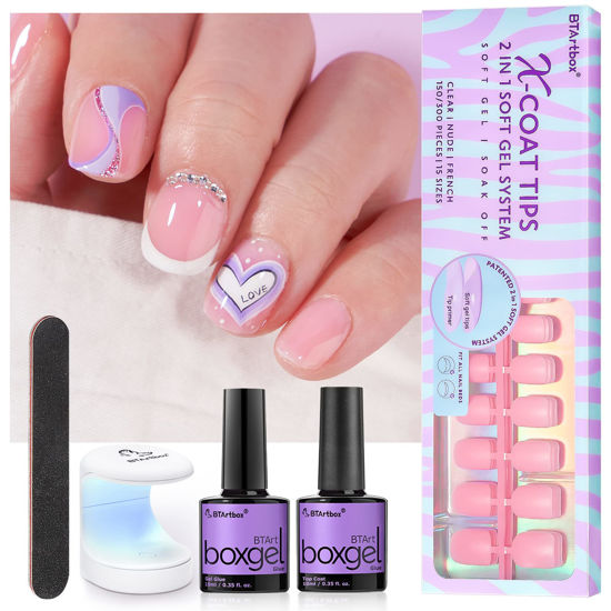 Picture of Soft Gel Nail Tips and Glue Gel Kit - BTArtbox Soft Gel Nail Kit, 2 in 1 X-coat Tips with Tip Primer Base, 150pcs Extra Short Square Nails Fake Nails with Gel Nail Glue Top Coat Nail Extension Kit, Pink