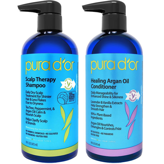 Picture of PURA D'OR Scalp Therapy Shampoo & Healing Conditioner Set (16oz x 2) For Dry, Itchy Scalp - Hydrates & Nourishes Hair with Tea Tree, Argan Oil & Biotin, All Hair Types, Men Women (Packaging May Vary)