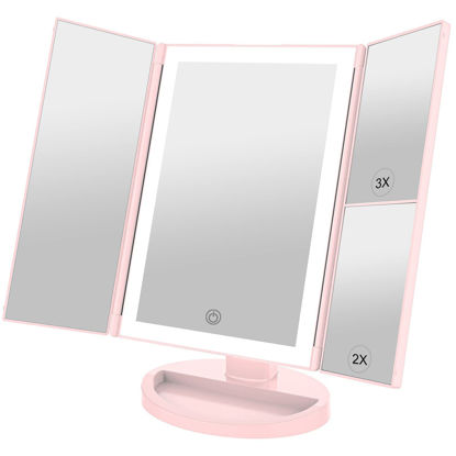 Picture of WEILY Makeup Vanity Mirror with 3x/2x Magnification,Trifold Mirror with 36 Led Lights,Touch Screen,180 Degree Adjustable Rotation,Dual Power Supply,Countertop Cosmetic Mirror (Pink)