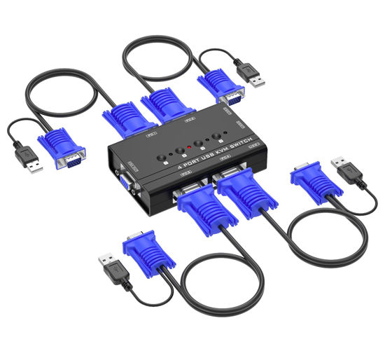 Picture of VGA KVM Switch, Yinker 4 Port USB VGA KVM Switch w/4 KVM Cables & 3 USB Hubs for 4 Computers Share One Monitor Keyboard Mouse